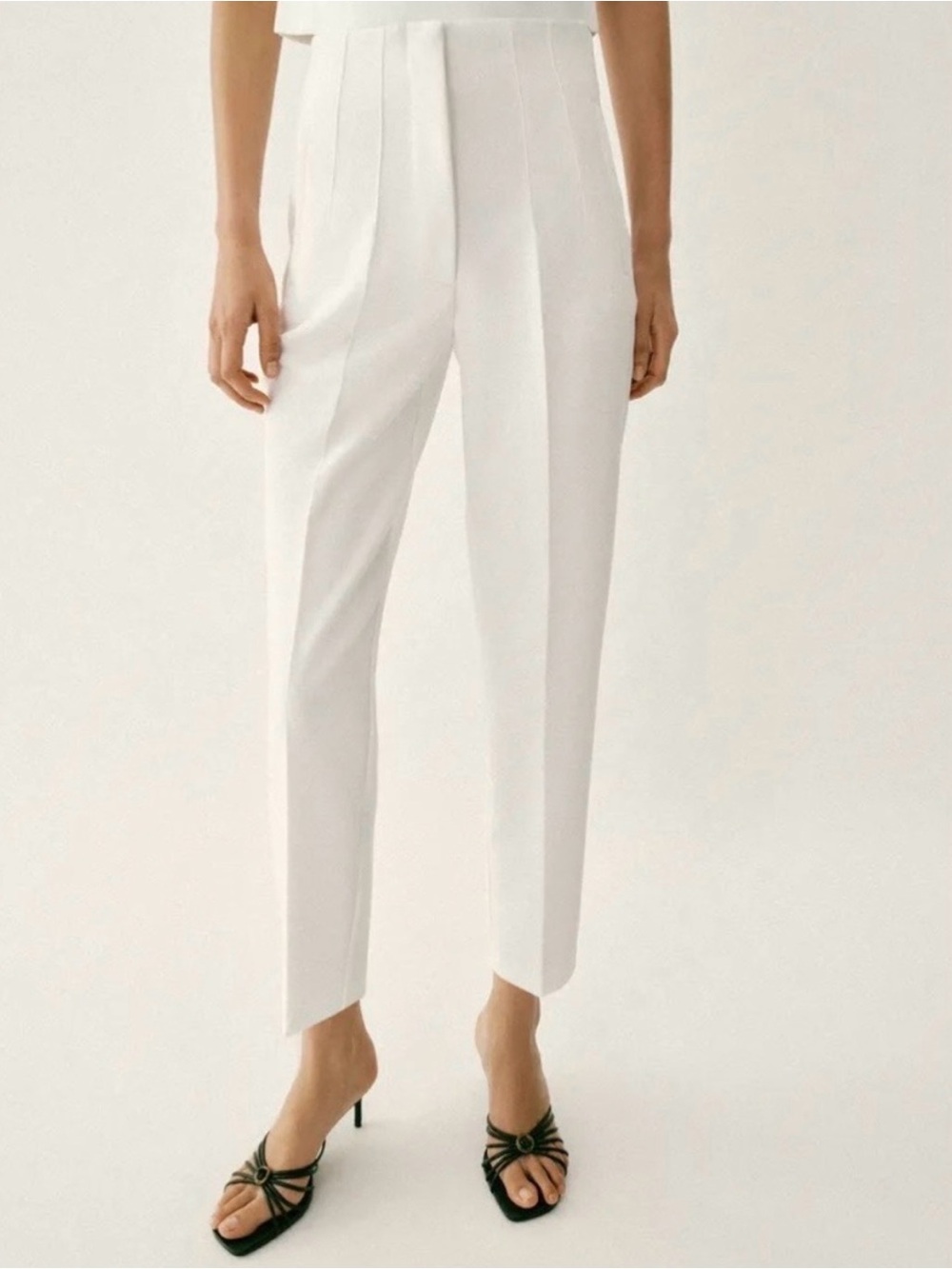 Zara White Pleated High-Waist Ankle Trousers